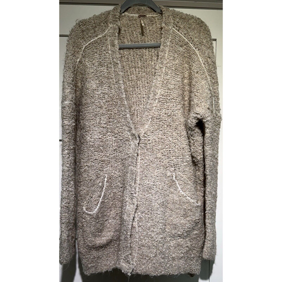 Free People Boucle Alpaca Cardigan Sweater Khaki/White Oversized SMALL - Picture 3 of 12